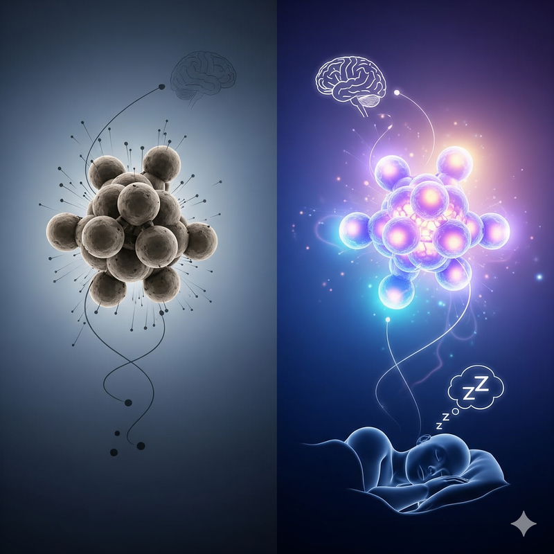 Ilustración que compara dos grupos moleculares de magnesio; uno opaco y disperso, el otro brillante y conectado a un cerebro y una figura humana durmiendo tranquilamente.