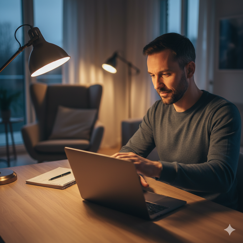 ombre trabajando en su laptop en un escritorio por la noche, en un ambiente interior con iluminación cálida. Su expresión es concentrada mientras finaliza sus tareas.