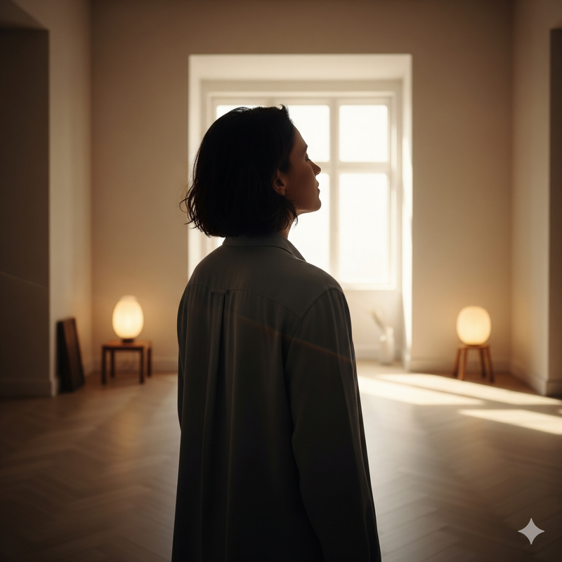 Silueta de una persona de pie en una habitación luminosa y minimalista, mirando hacia una ventana soleada con expresión de calma y contemplación, simbolizando la búsqueda de la serenidad y la gestión del estrés.