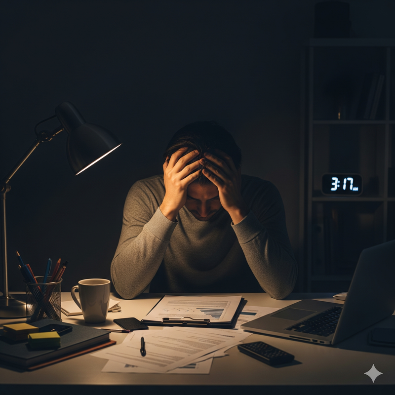 Persona con la cabeza entre las manos, sentada en un escritorio desordenado, en un ambiente oscuro iluminado por una lámpara. Un reloj digital en el fondo muestra la hora 3:17 a.m., representando la fatiga mental y el estrés del mal descanso.