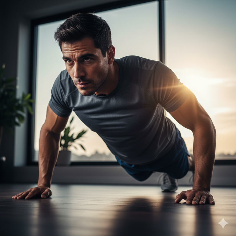 Un hombre con ropa deportiva realizando flexiones en el suelo, con el fondo de una ventana iluminada por la luz del atardecer o amanecer, representando el entrenamiento físico y la disciplina.
