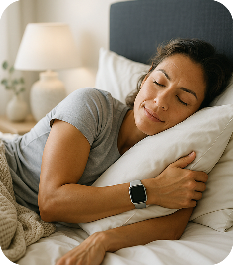 mujer adulta de piel morena y cabello castaño rizado, durmiendo plácidamente de lado sobre una almohada blanca en una cama con ropa de cama clara y una manta tejida, con una lámpara encendida suavemente en el fondo.