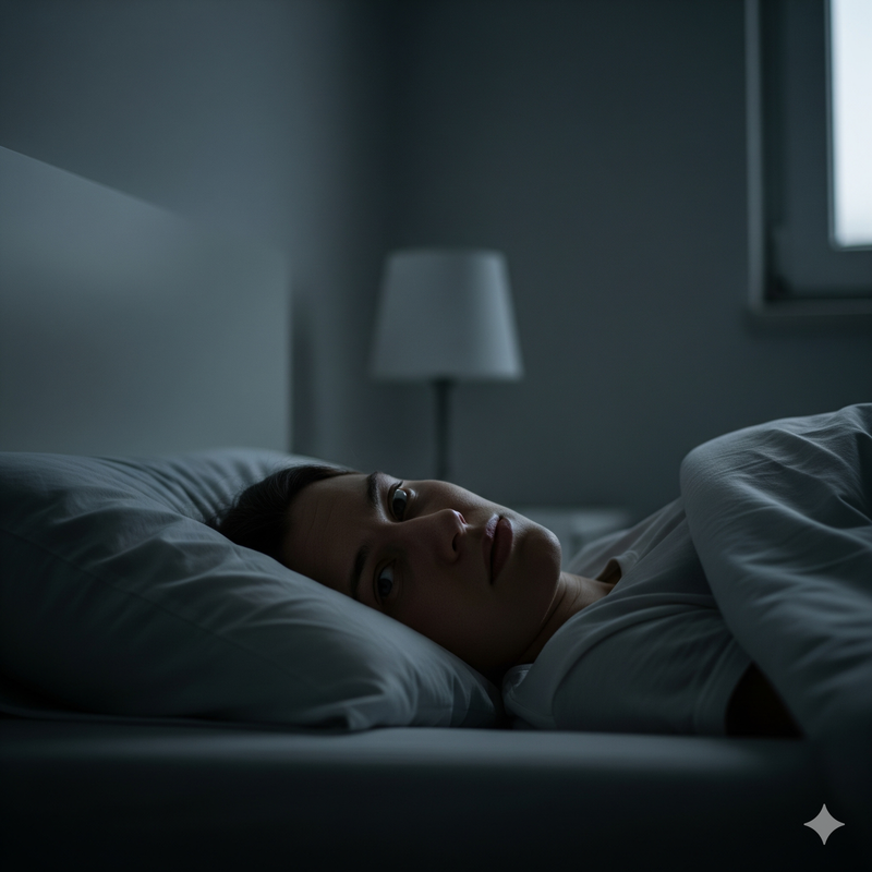 Fotografía de una mujer acostada en una cama oscura, con los ojos abiertos y una expresión de angustia y agotamiento mental, representando el insomnio y el burnout.