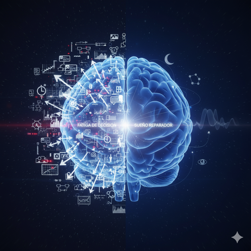 Imagen conceptual de un cerebro con un lado sobrecargado de flechas y gráficos y el otro lado en calma, representando la fatiga de decisión y el sueño.