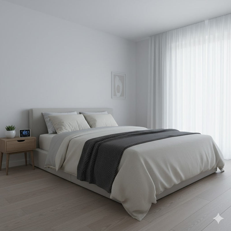 Dormitorio minimalista y fresco con ropa de cama neutra y un termómetro digital, simbolizando el control preciso de la temperatura para un descanso óptimo.
