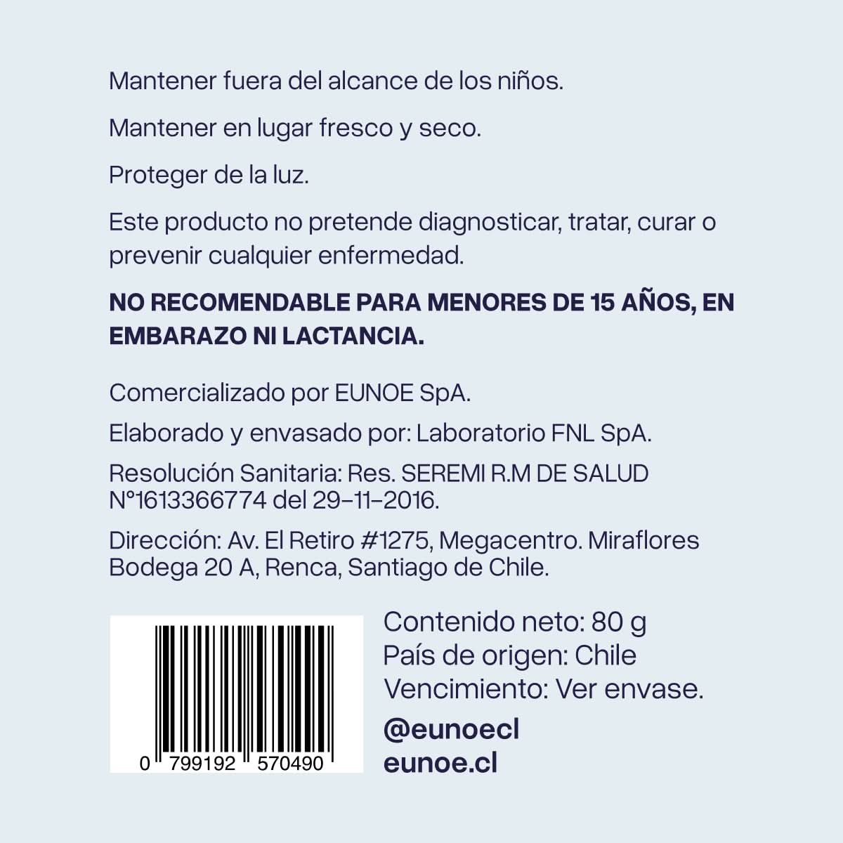 Etiquetado trasero del suplemento Night-Time Performance de eunoé, con precauciones de uso y resolución sanitaria de Chile.