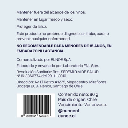 Etiquetado trasero del suplemento Night-Time Performance de eunoé, con precauciones de uso y resolución sanitaria de Chile.
