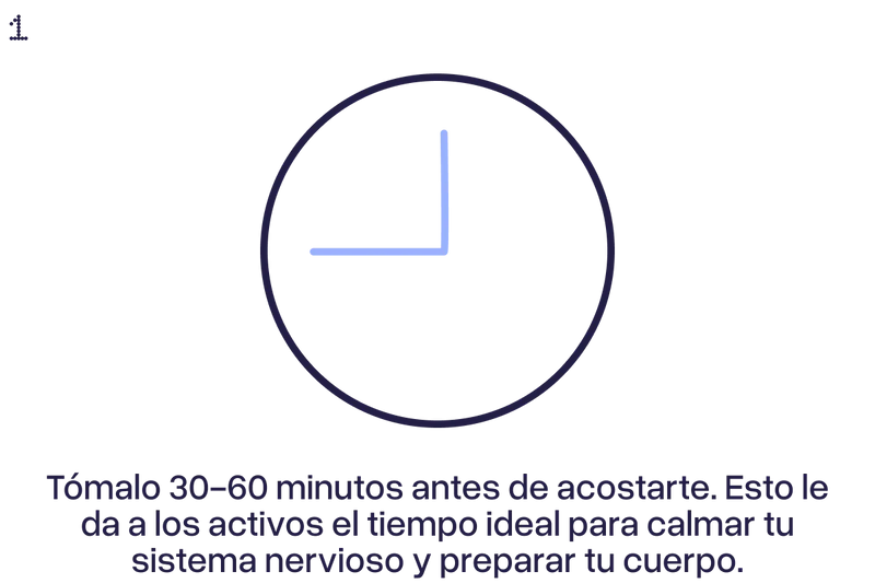 Icono de reloj indicando el tiempo de toma ideal: 30 a 60 minutos antes de acostarse.