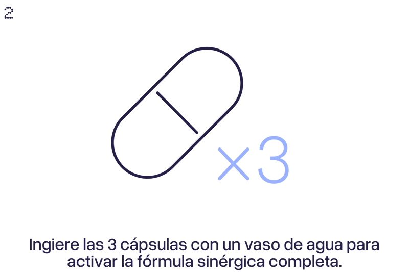 Ilustración de una cápsula con el texto x3, indicando la dosis recomendada de tres cápsulas por noche.